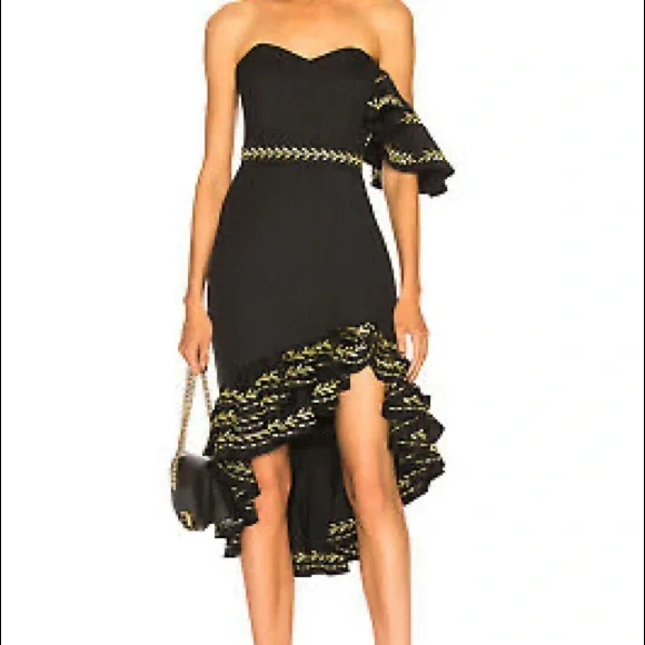 Caroline Constas Black Gold Cam Ruffle Embroidered Dress XS 0 - Picture 5 of 8